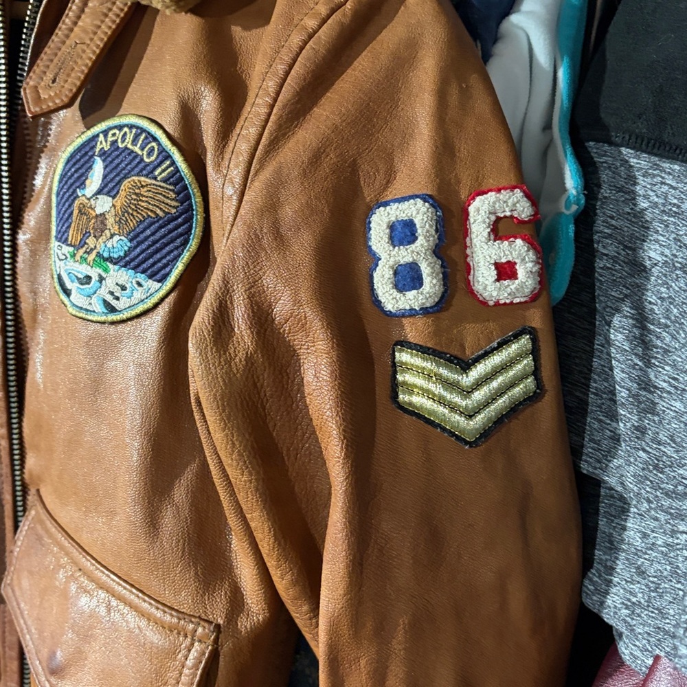 Wilson Tan Leather Bomber Jacket with Patches - Picture 12 of 13